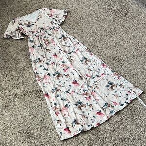 Floral V-Neck Maxi Dress in Cream with Pink & Teal Flowers
